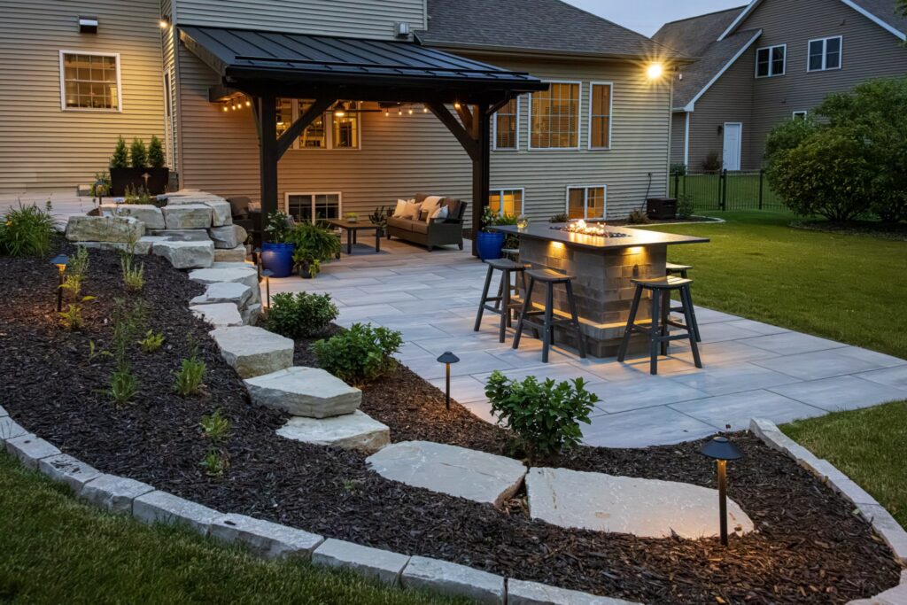 Evening view of a covered patio, lit stone bar and natural stone step path through landscaped beds