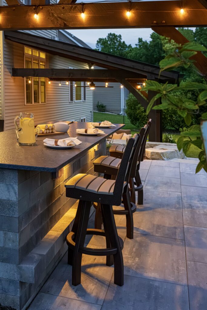 Outdoor bar with swivel stools and cafe lights in the evening